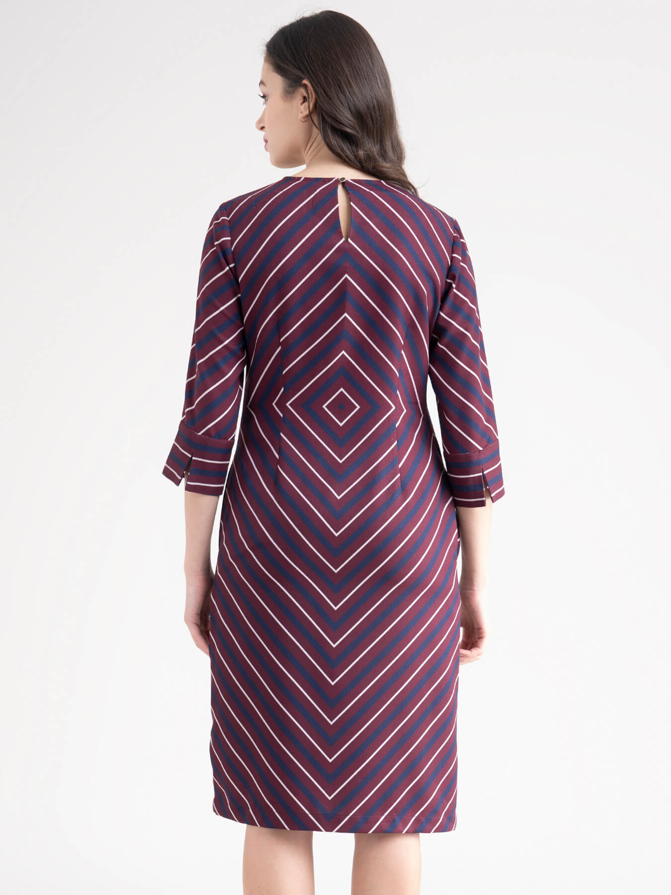Geometric Stripes Shift Dress - Maroon And Navy Blue