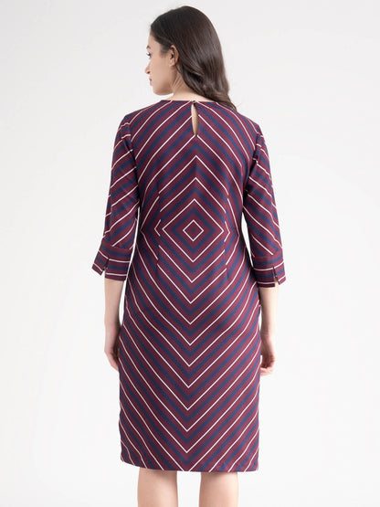Geometric Stripes Shift Dress - Maroon And Navy Blue