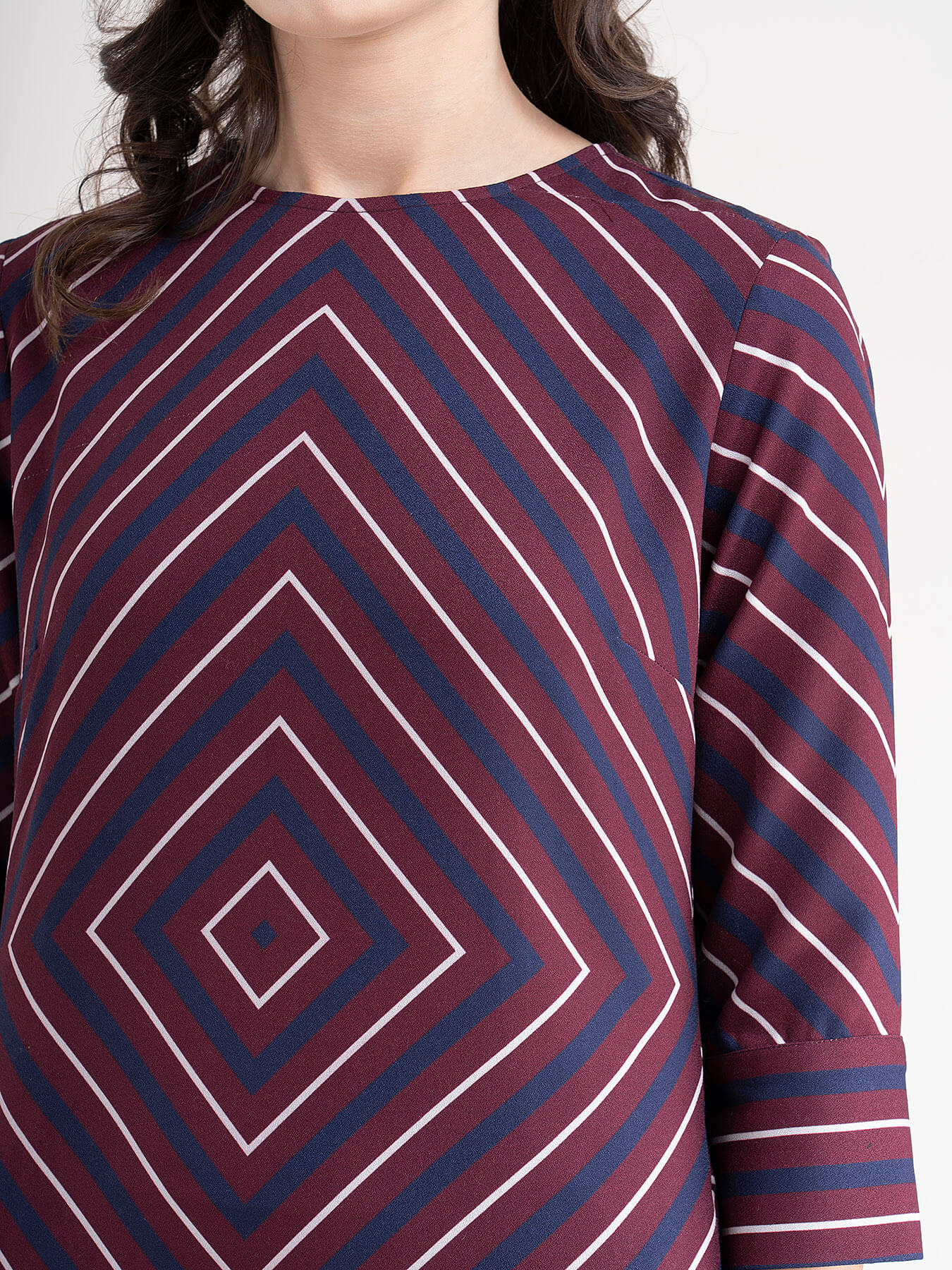 Geometric Stripes Shift Dress - Maroon And Navy Blue
