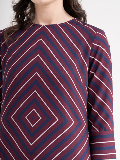 Geometric Stripes Shift Dress - Maroon And Navy Blue