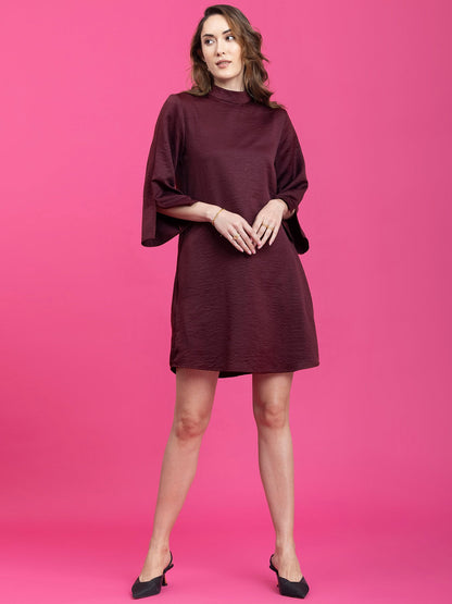Satin High Neck A-Line Dress - Maroon