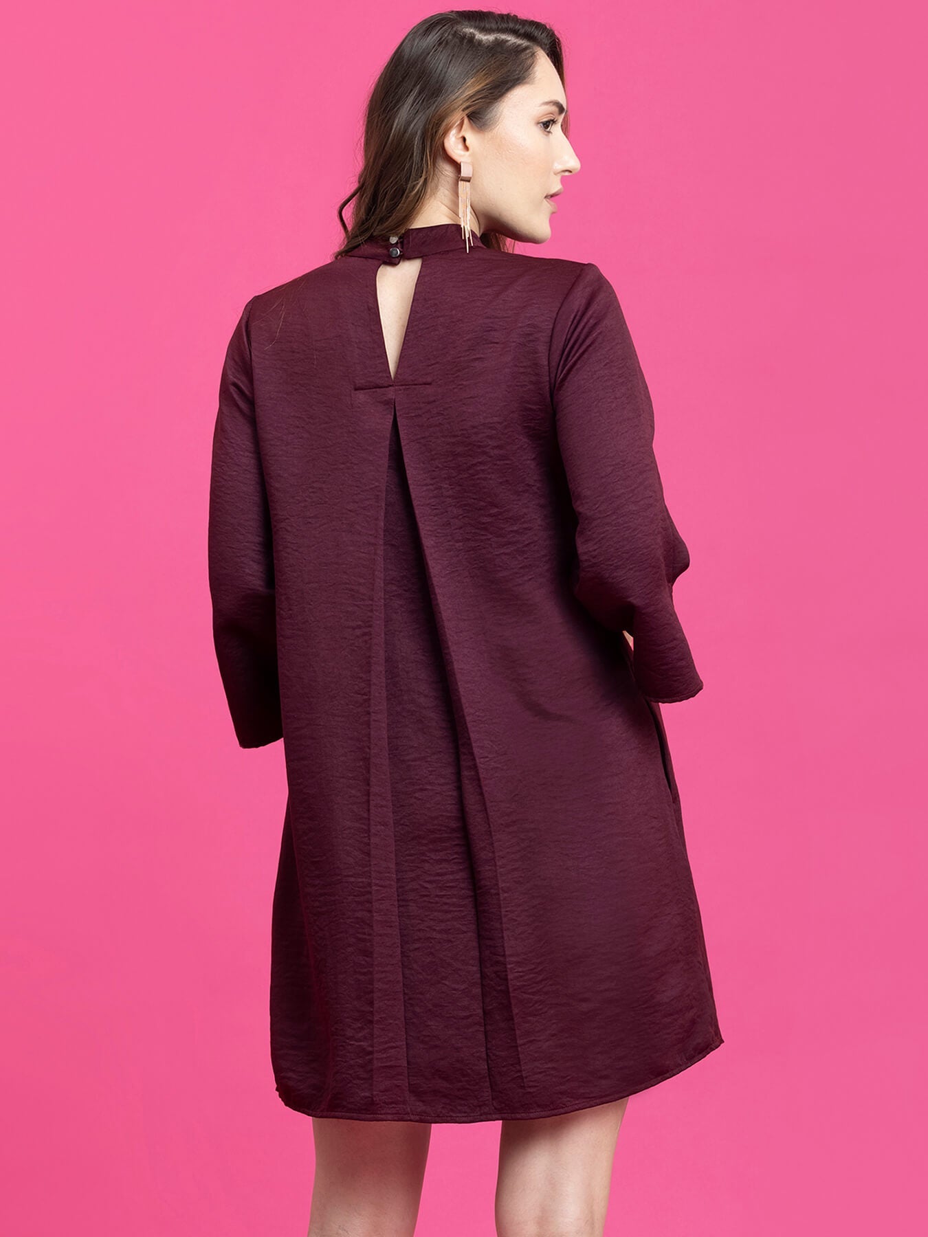 Satin High Neck A-Line Dress - Maroon