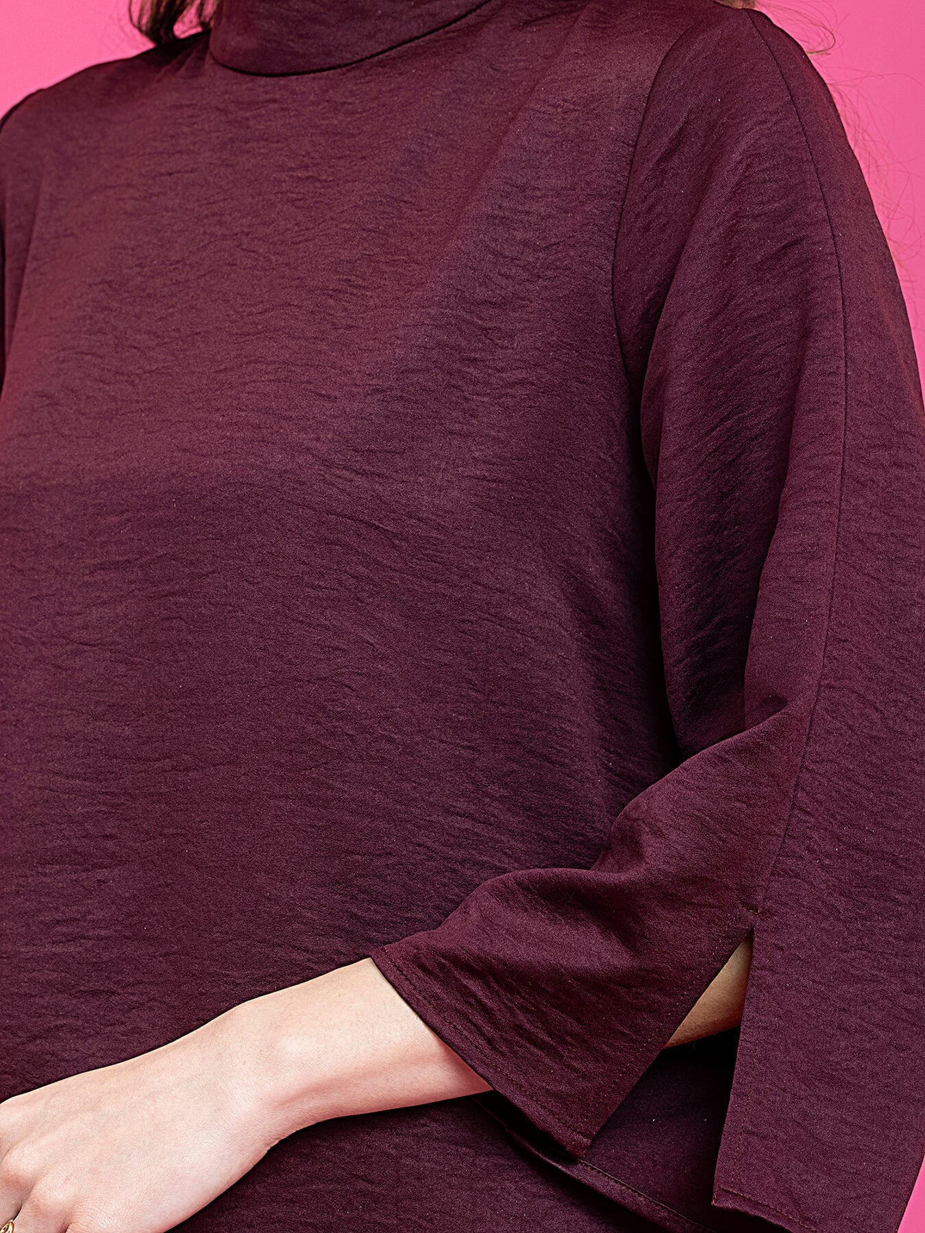 Satin High Neck A-Line Dress - Maroon