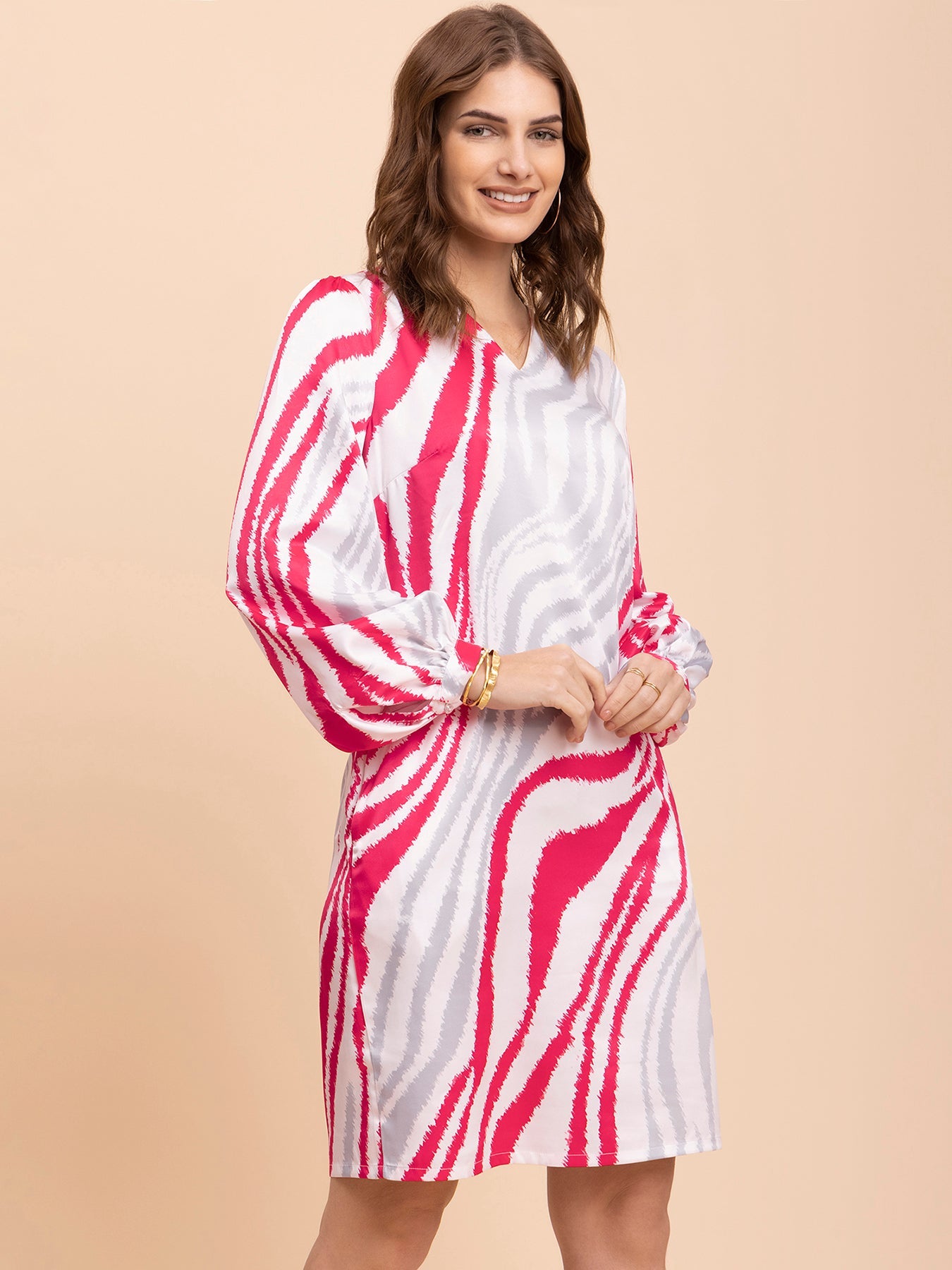 Satin Animal Print Shift Dress - Fuchsia and Grey