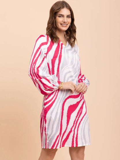 Satin Animal Print Shift Dress - Fuchsia and Grey