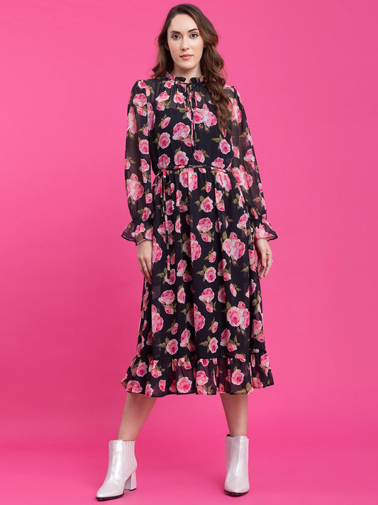 Floral Print A-Line Midi Dress - Black and Pink