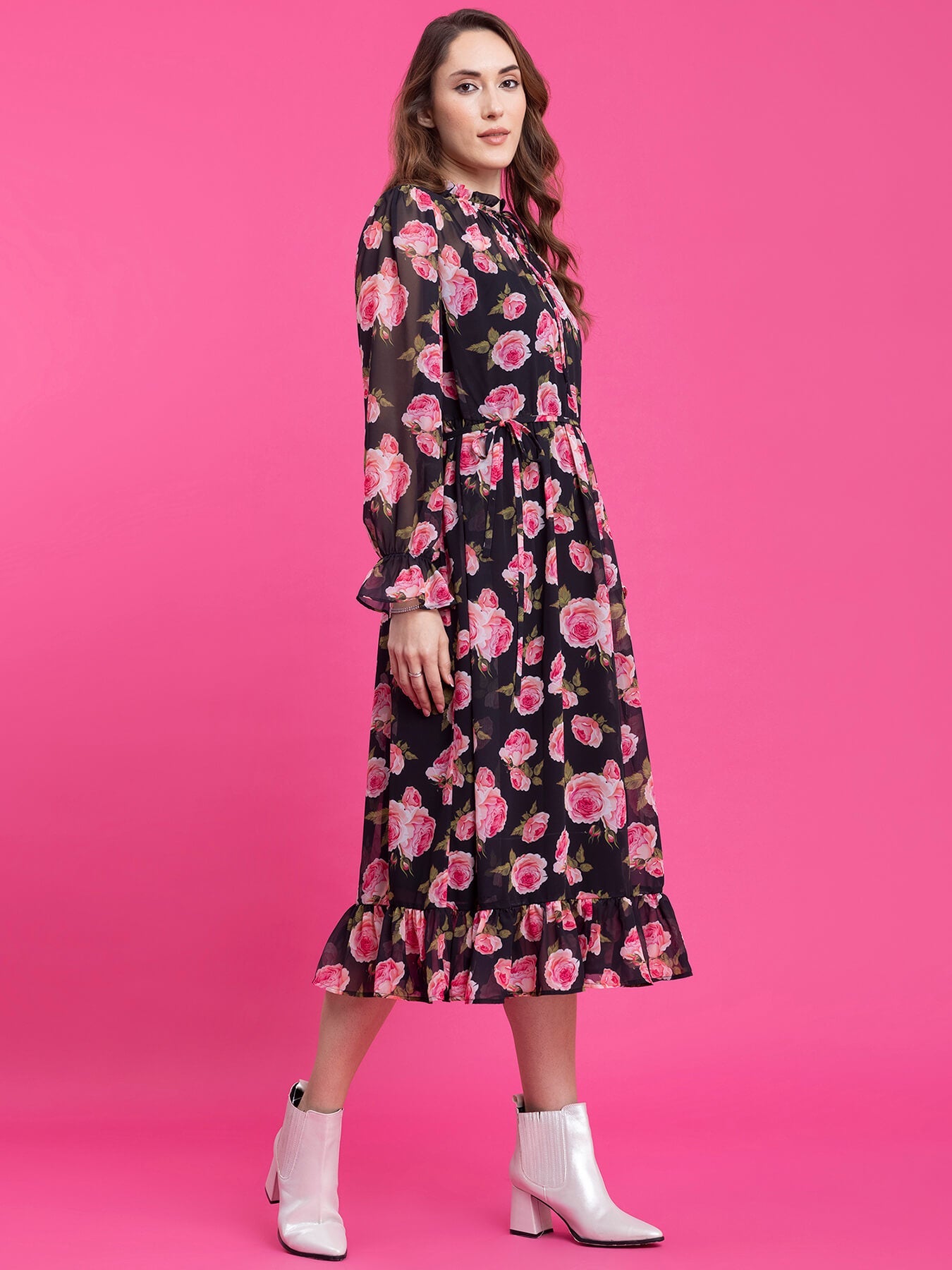 Floral Print A-Line Midi Dress - Black and Pink