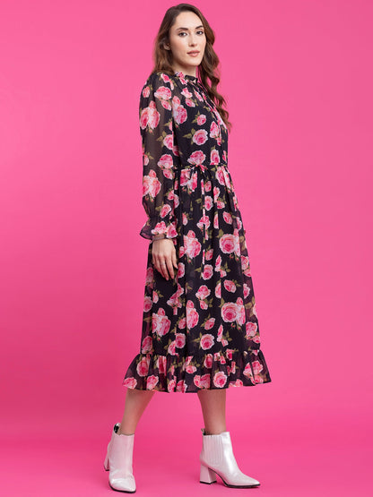 Floral Print A-Line Midi Dress - Black and Pink