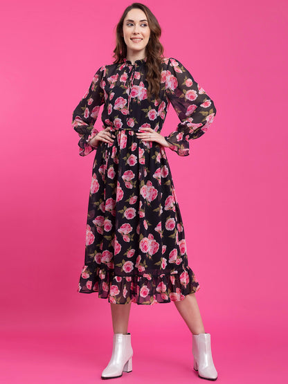 Floral Print A-Line Midi Dress - Black and Pink