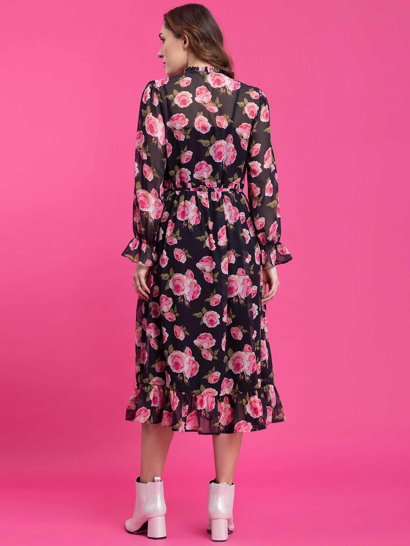 Floral Print A-Line Midi Dress - Black and Pink