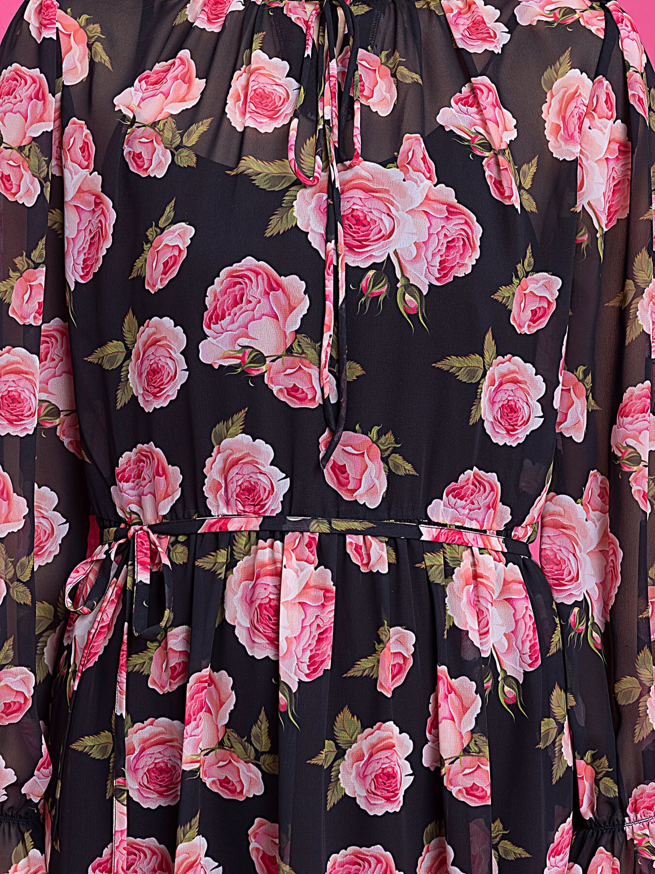 Floral Print A-Line Midi Dress - Black and Pink
