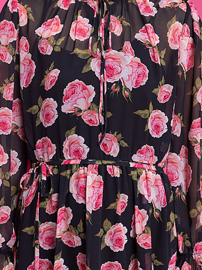 Floral Print A-Line Midi Dress - Black and Pink