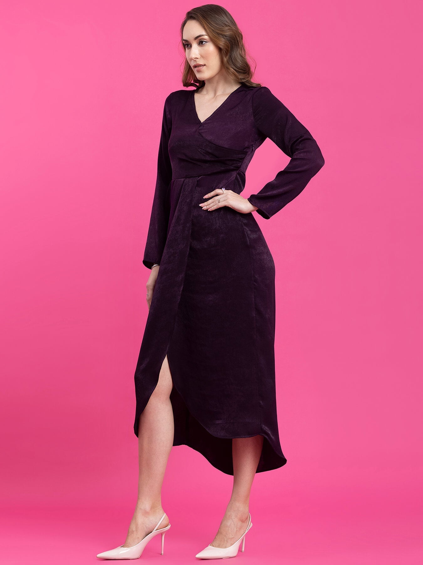 Satin Draped Detail A-Line Dress - Purple