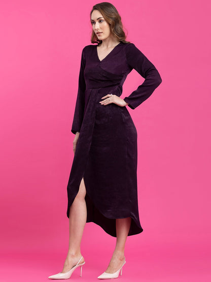 Satin Draped Detail A-Line Dress - Purple