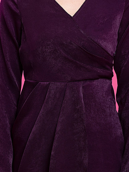 Satin Draped Detail A-Line Dress - Purple
