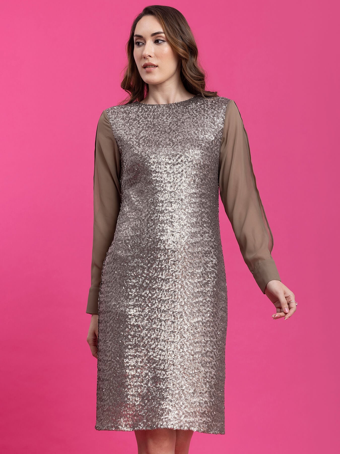Sequin Slit Sleeves Shift Dress - Golden