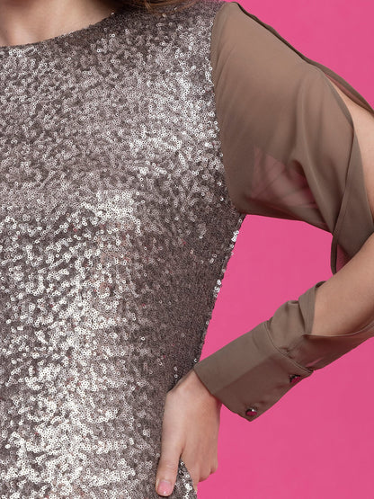 Sequin Slit Sleeves Shift Dress - Golden