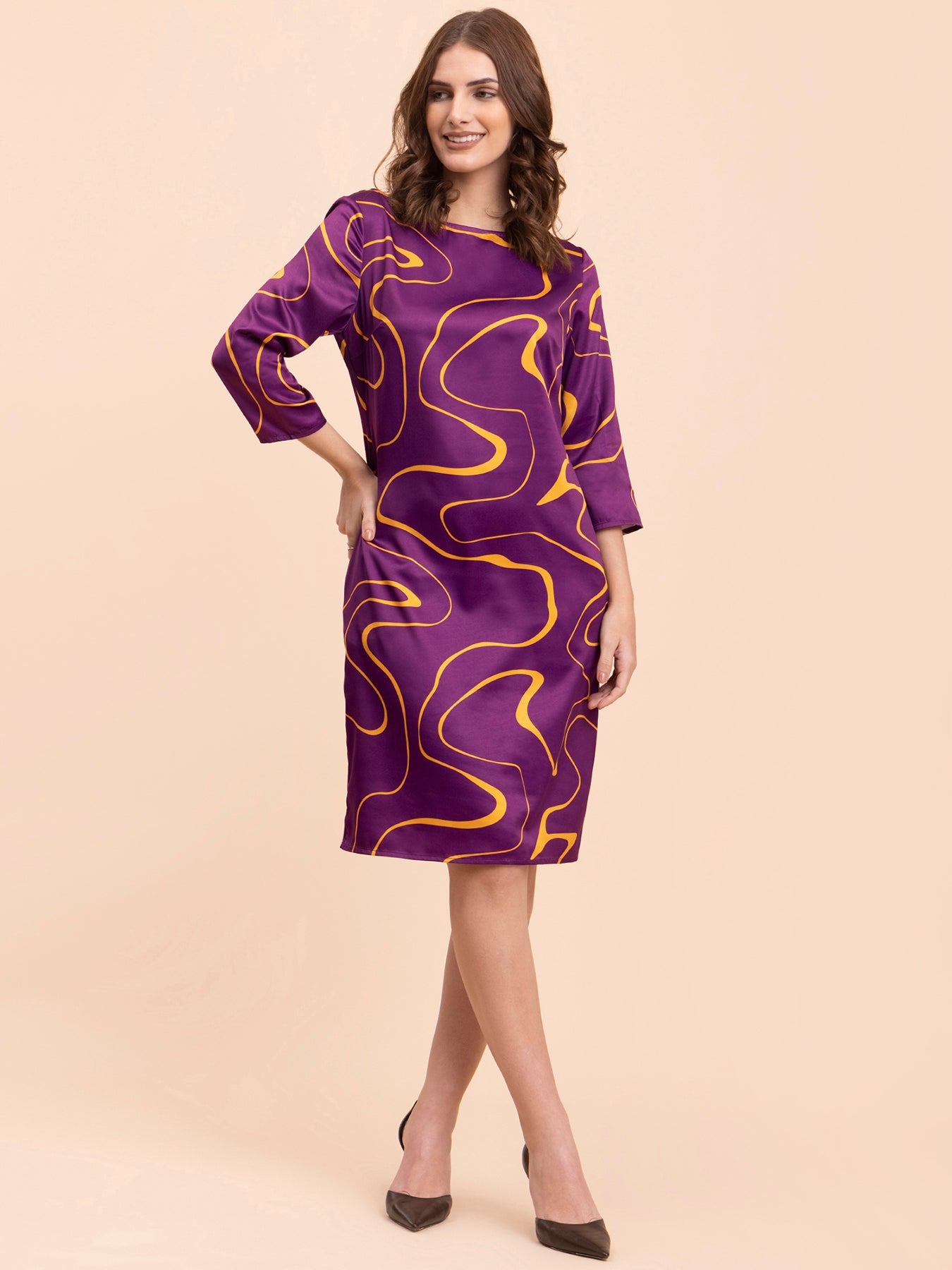 Satin Abstract Print Shift Dress - Purple and Yellow