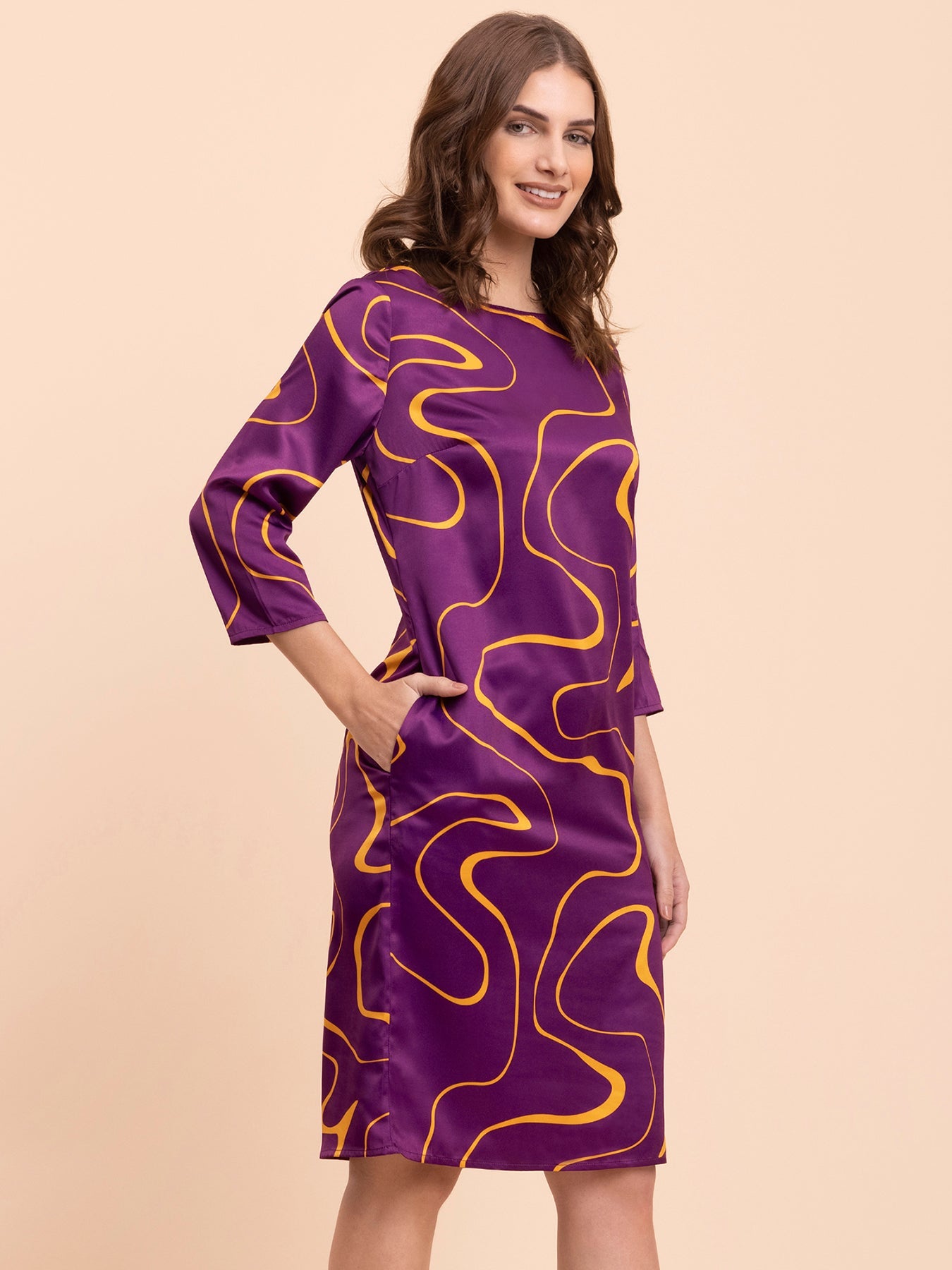 Satin Abstract Print Shift Dress - Purple and Yellow