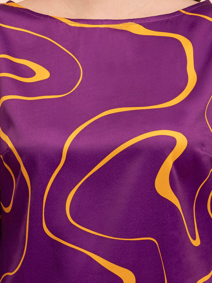 Satin Abstract Print Shift Dress - Purple and Yellow