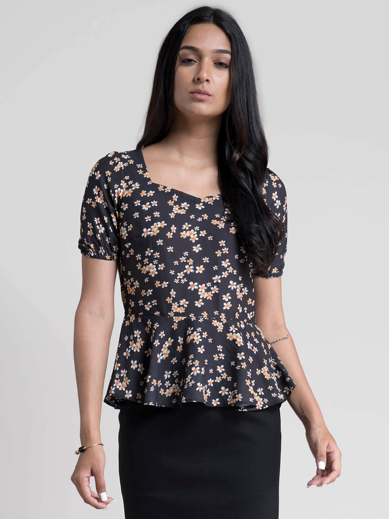 Floral Peplum Top - Mustard & Black