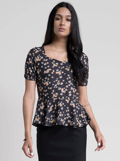Floral Peplum Top - Mustard & Black