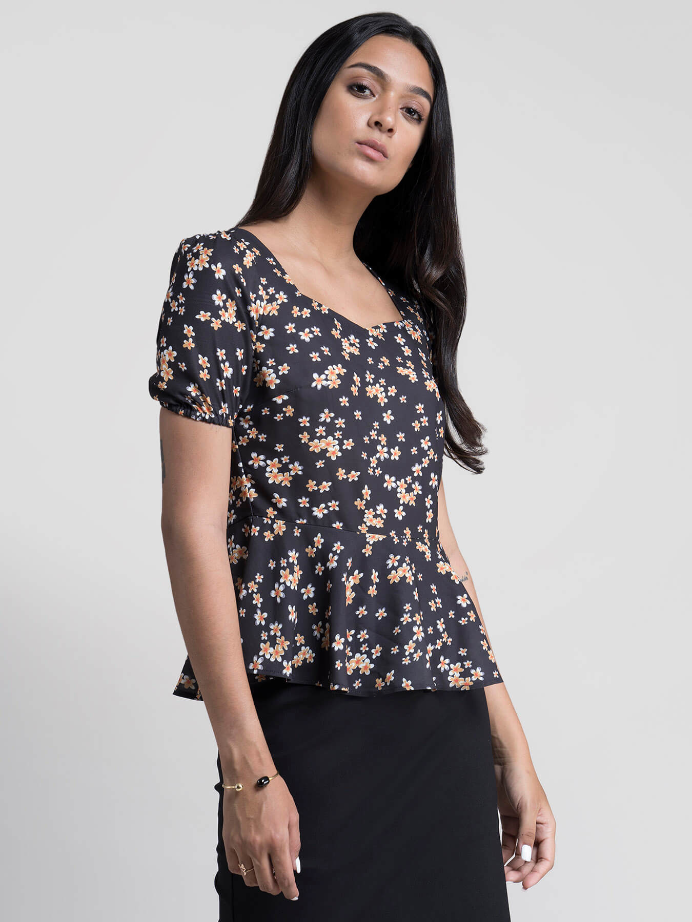 Floral Peplum Top - Mustard & Black