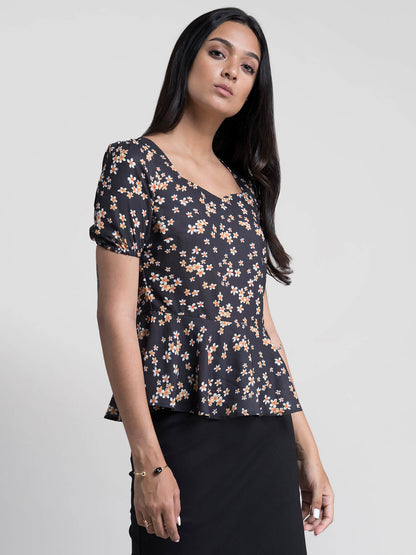 Floral Peplum Top - Mustard & Black
