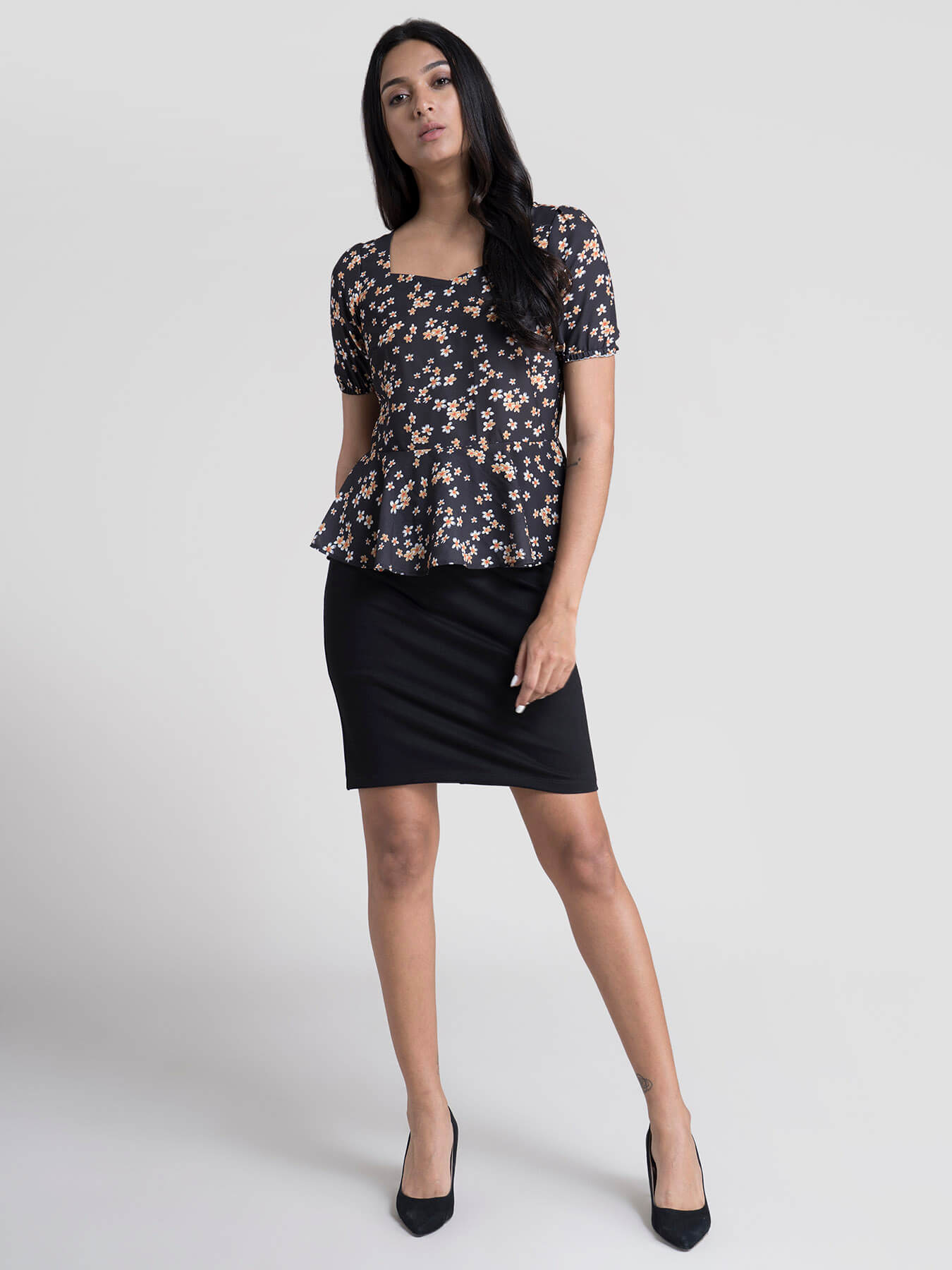 Floral Peplum Top - Mustard & Black