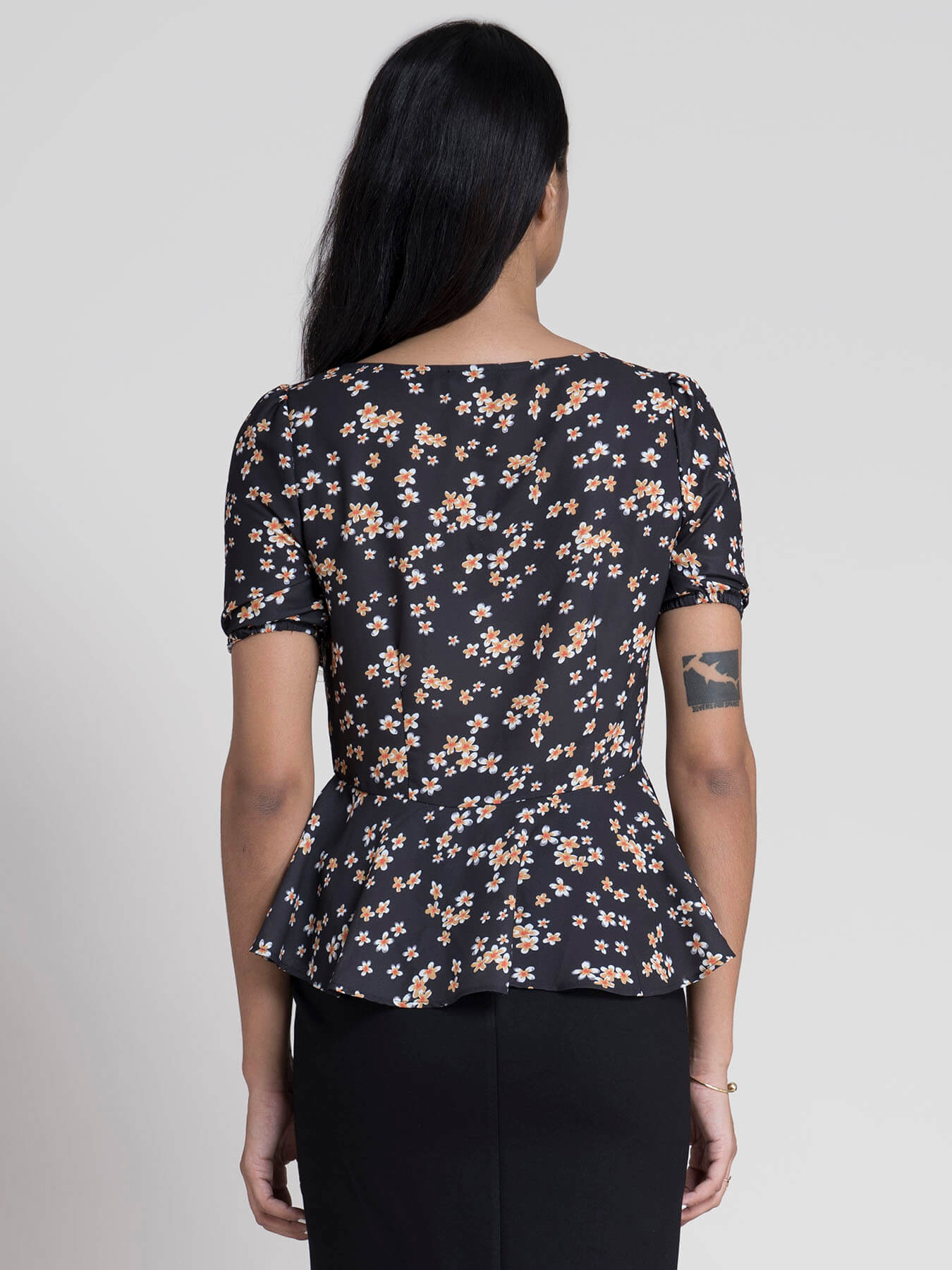Floral Peplum Top - Mustard & Black