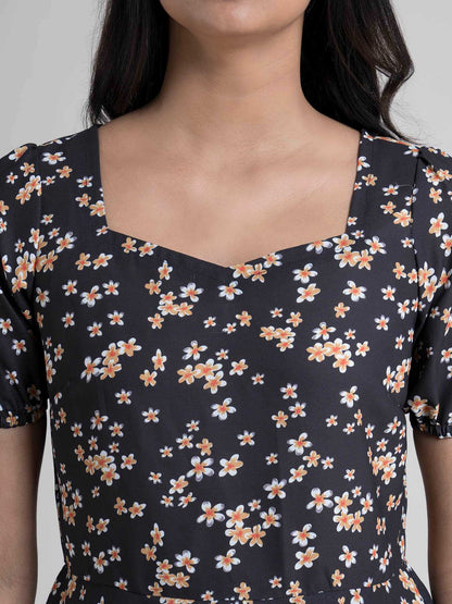 Floral Peplum Top - Mustard & Black