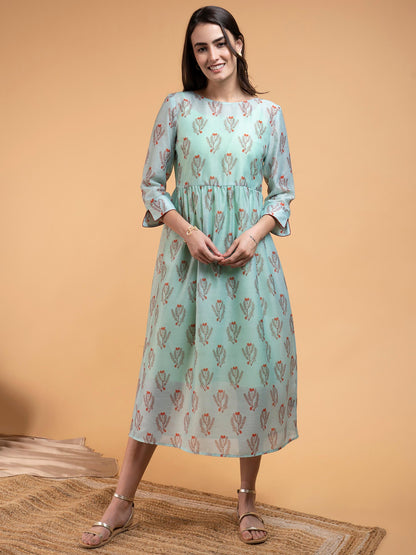 Chanderi Floral Gathered A Line Dress - Sea Green