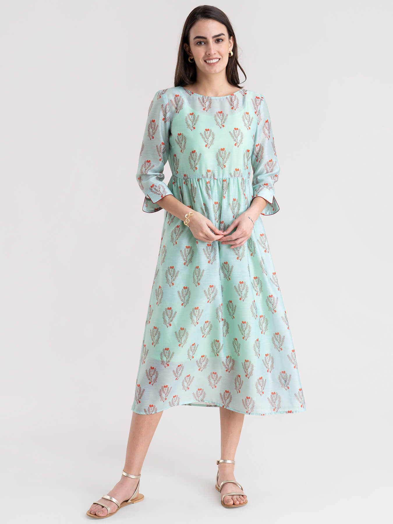 Chanderi Floral Gathered A Line Dress - Sea Green