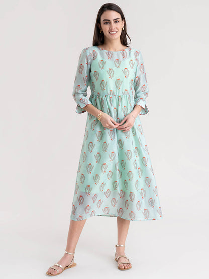 Chanderi Floral Gathered A Line Dress - Sea Green