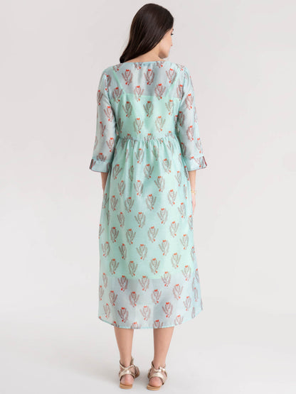 Chanderi Floral Gathered A Line Dress - Sea Green