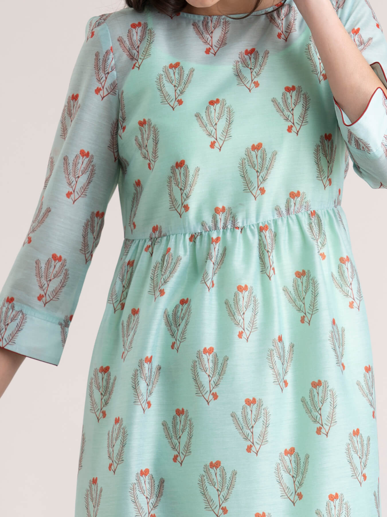 Chanderi Floral Gathered A Line Dress - Sea Green