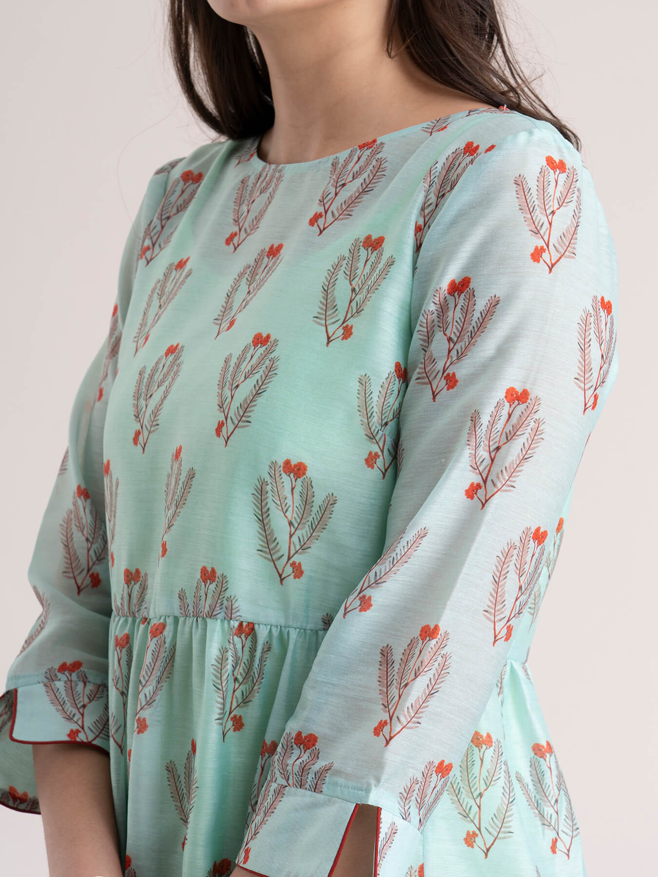 Chanderi Floral Gathered A Line Dress - Sea Green