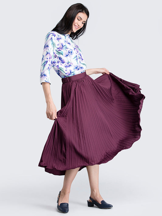 Floral Top and Pleated Flared Skirt Co-ord - Purple and Wine