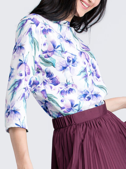 Floral Top and Pleated Flared Skirt Co-ord - Purple and Wine