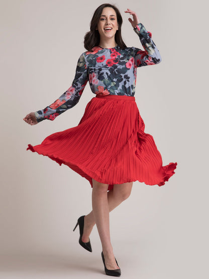 Floral Top and Pleated Skirt Co-ord - Grey and Red