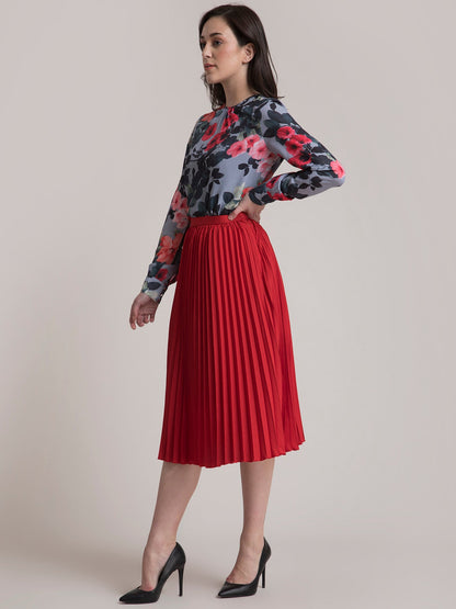 Floral Top and Pleated Skirt Co-ord - Grey and Red