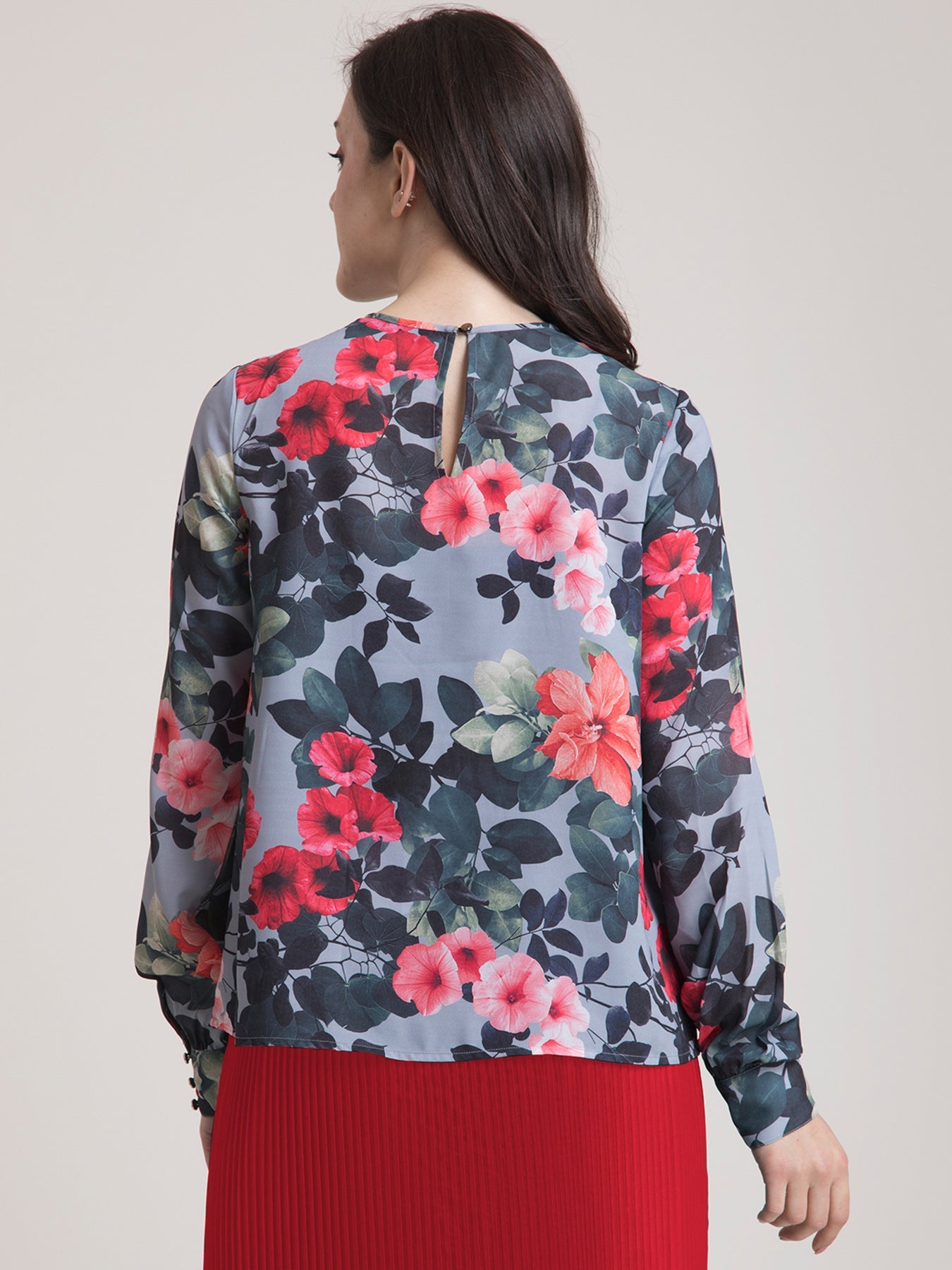 Floral Top and Pleated Skirt Co-ord - Grey and Red