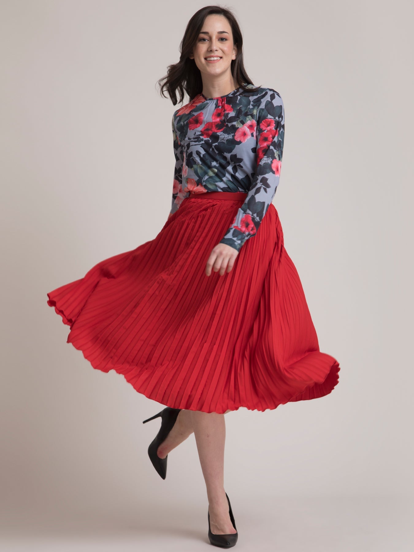 Floral Top and Pleated Skirt Co-ord - Grey and Red