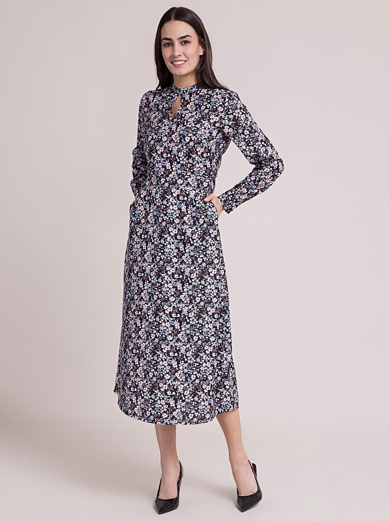 High Neck Ditsy Print A Line Dress - Black and Pink