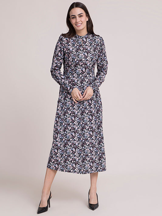 High Neck Ditsy Print A Line Dress - Black and Pink