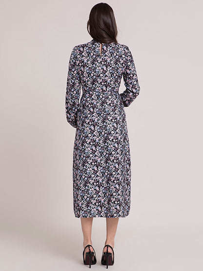 High Neck Ditsy Print A Line Dress - Black and Pink