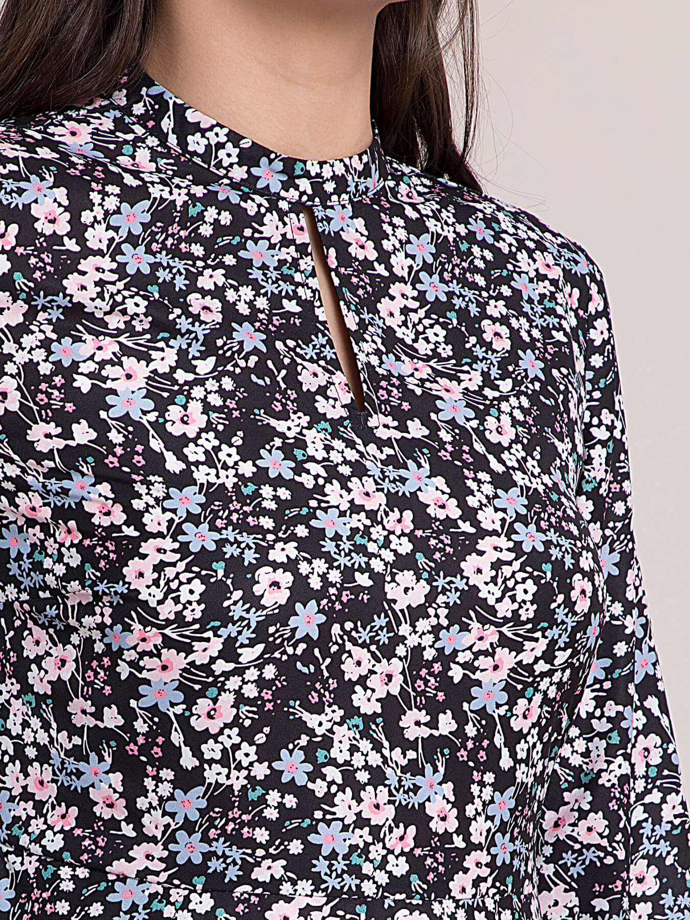 High Neck Ditsy Print A Line Dress - Black and Pink