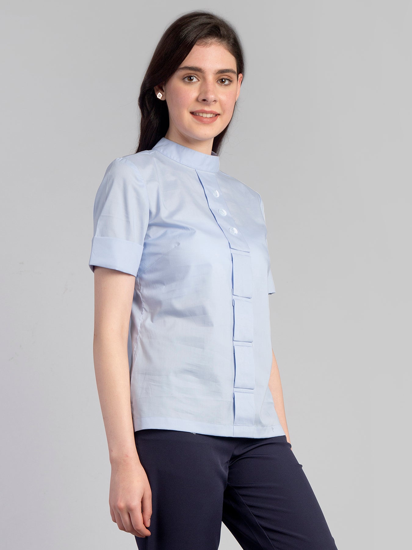 High Neck Fold Detail Top - Blue