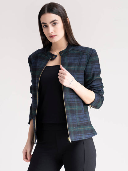 Wool Blend Check Jacket - Green Plaid