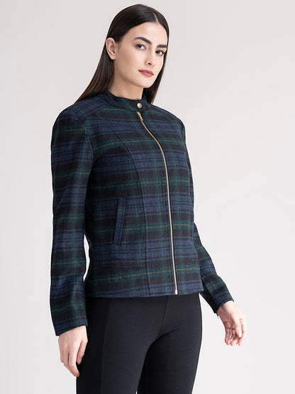 Wool Blend Check Jacket - Green Plaid